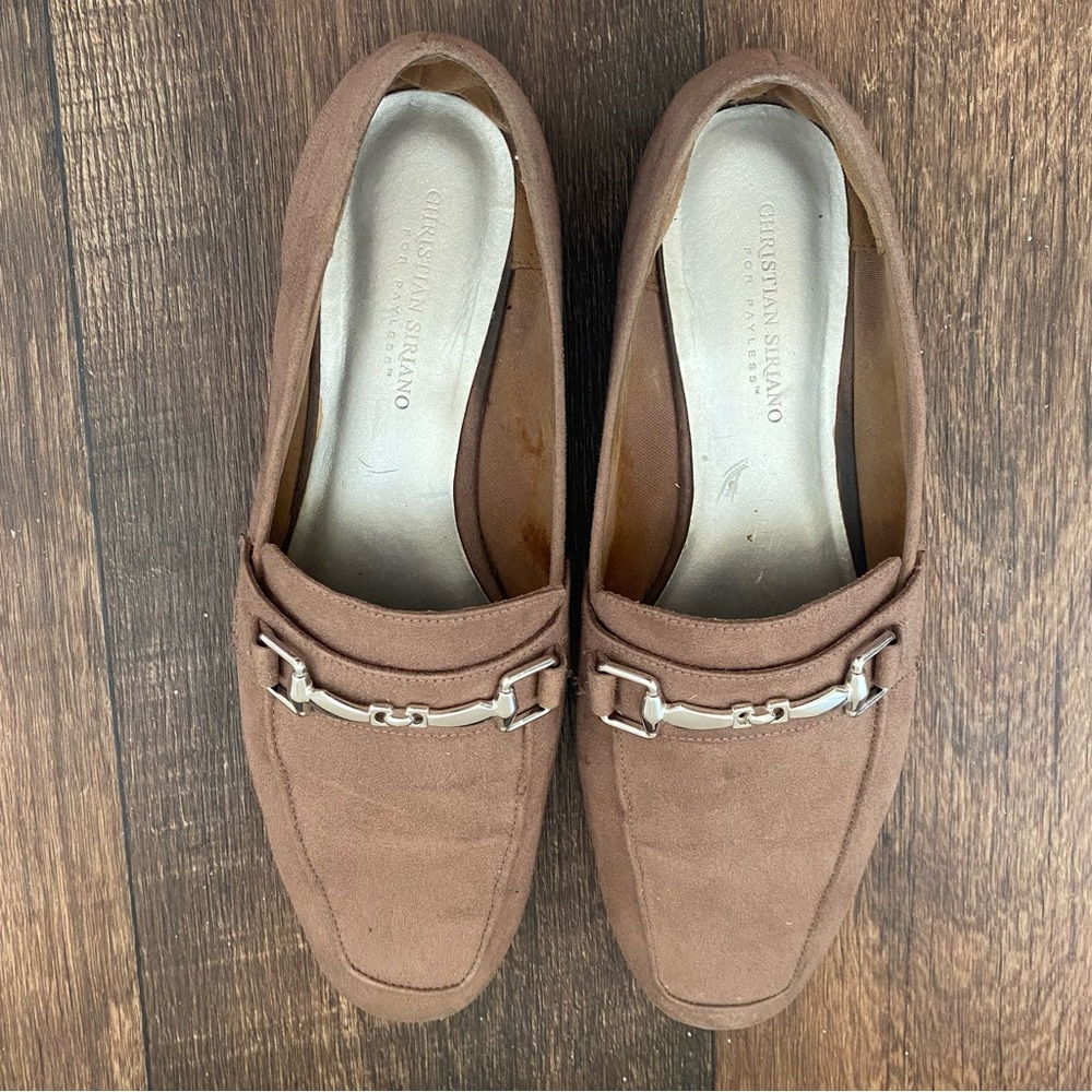 Size 12 tan loafers with silver metal detailing